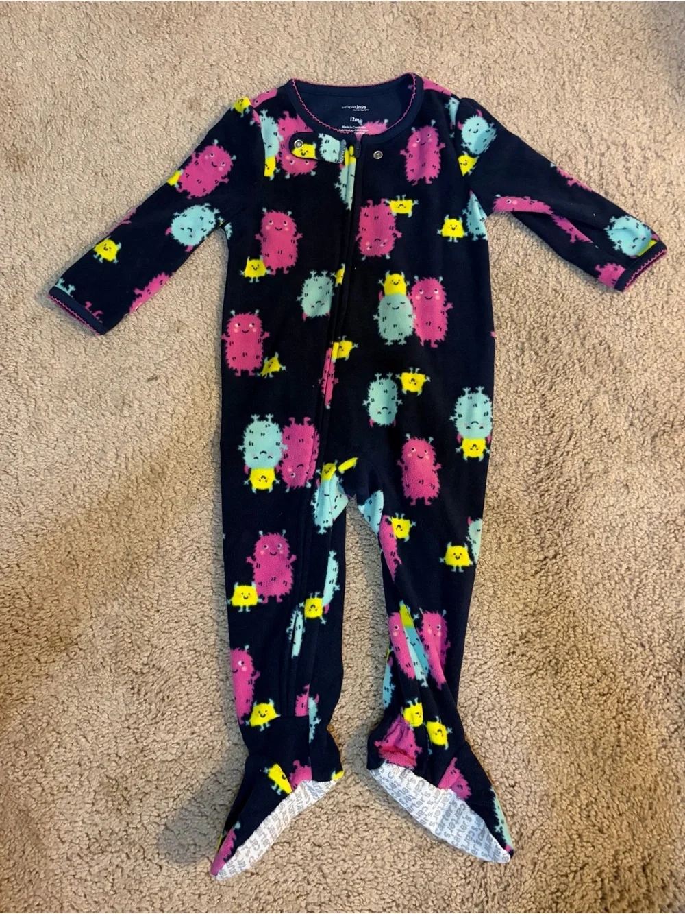 Carter's Navy Footed Pajama Set with Pink Aqua and Yellow Monsters